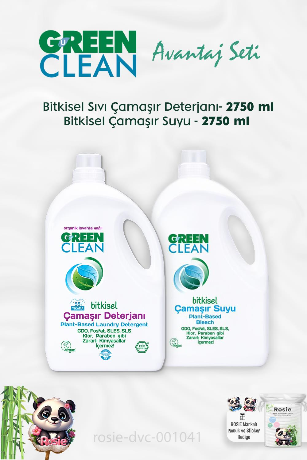 Green Clean Bitkisel Sıvı Çamaşır Deterjanı 2750 ml, Çamaşır Suyu 2750 ml ve ROSIE