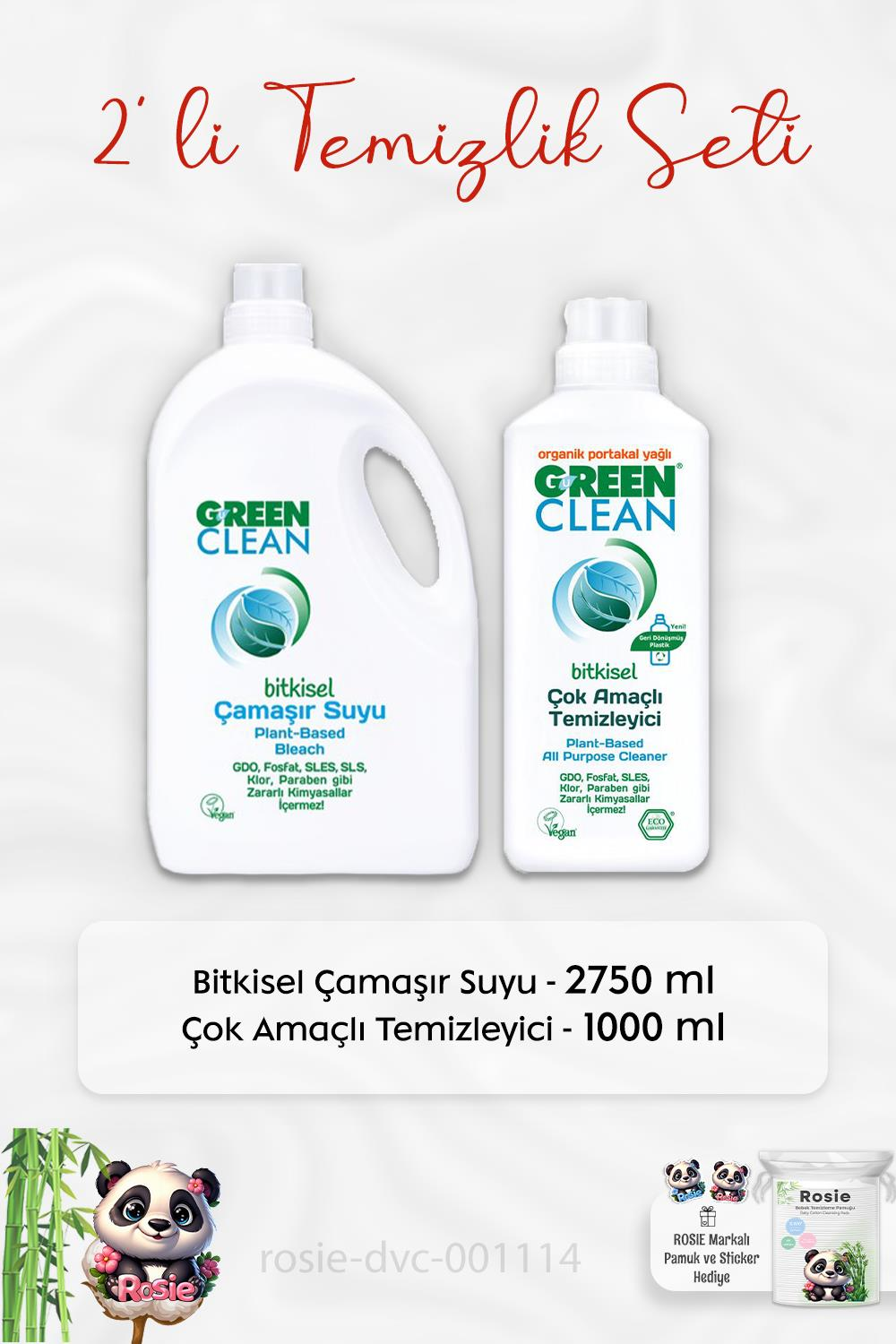 Green Clean Çamaşır Suyu 2750 ml, Çok Amaçlı Temizleyici 1 lt ve ROSIE