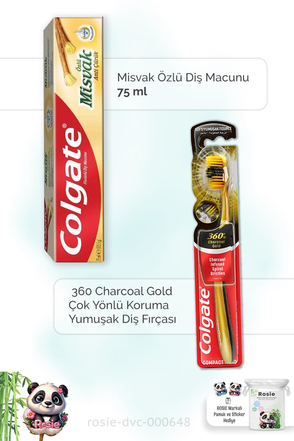 Colgate Misvak Özlü Diş Macunu 75 ml, 360 Charcoal Gold Diş Fırçası ve ROSIE