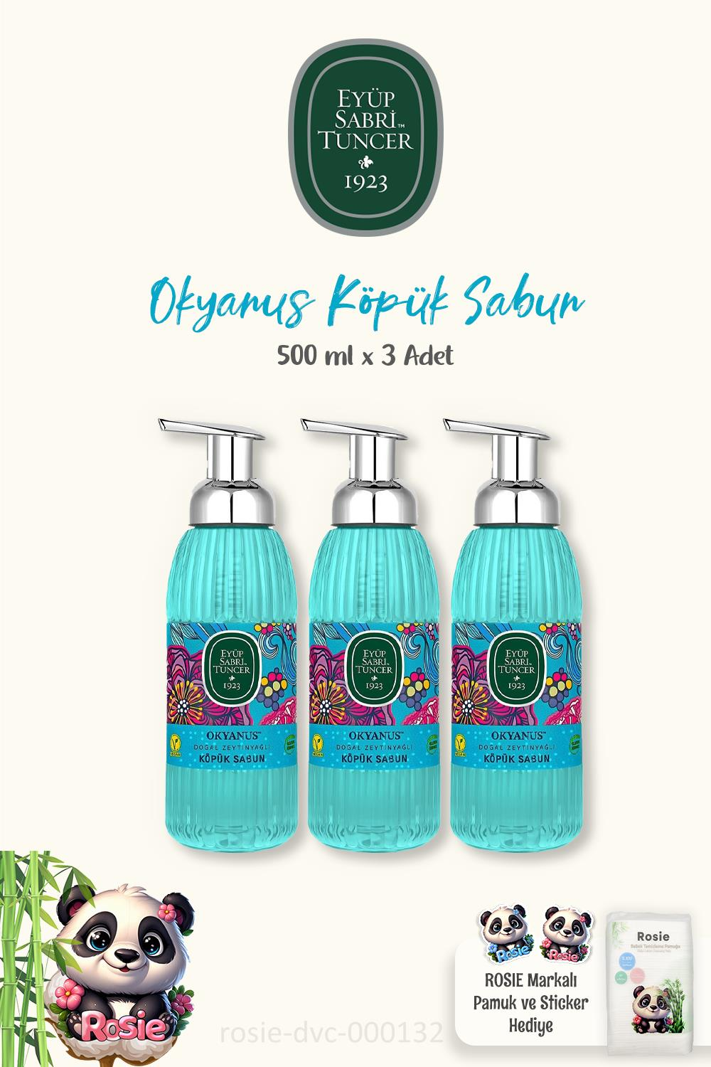Eyüp Sabri Tuncer 3'lü Okyanus Köpük Sabun 500 ml, %100 Doğal ROSIE Pamuk