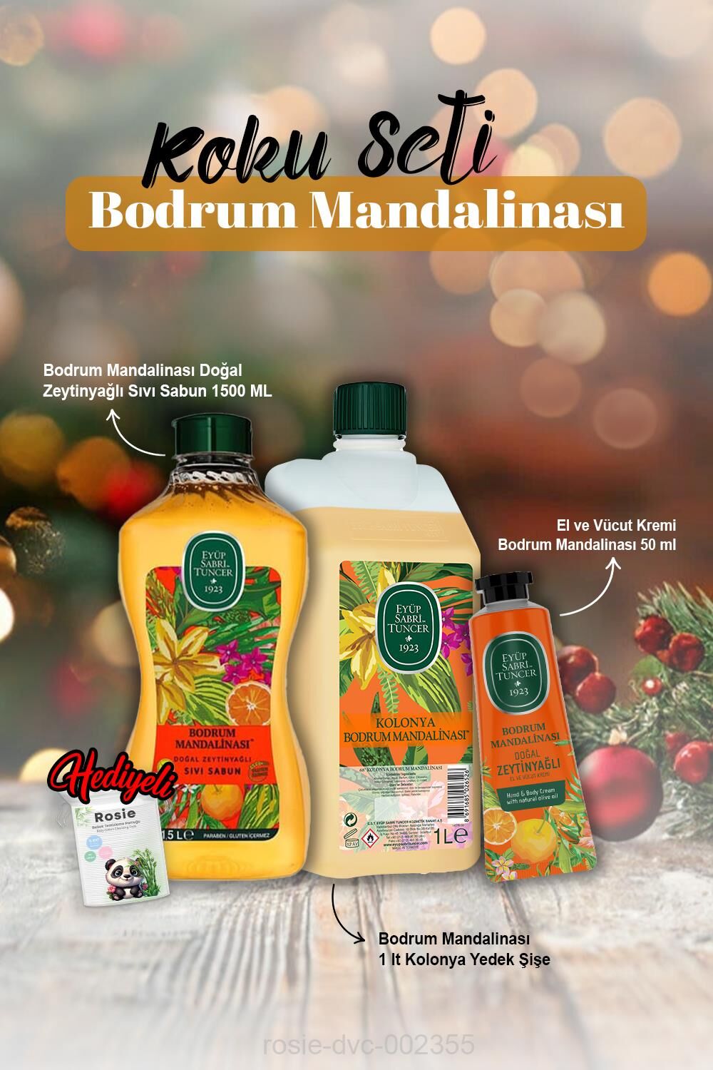 Sıvı Sabun 1500 ml, Krem 50 ml, Kolonya 1 lt Bodrum Mandalina ve Rosie Hediye