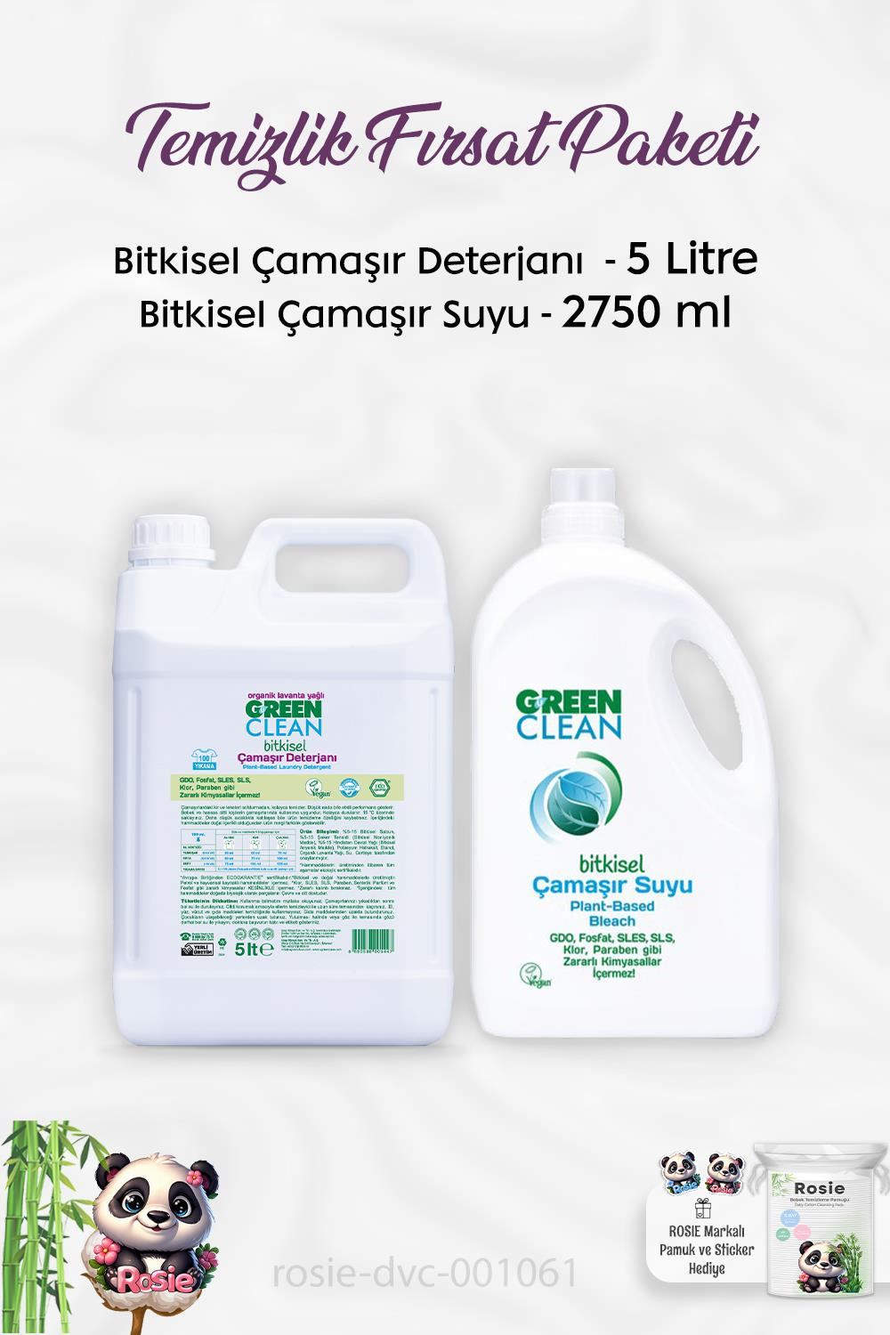Green Clean Bitkisel Çamaşır Suyu 2750 ml, Çamaşır Deterjanı 5 lt ve ROSIE