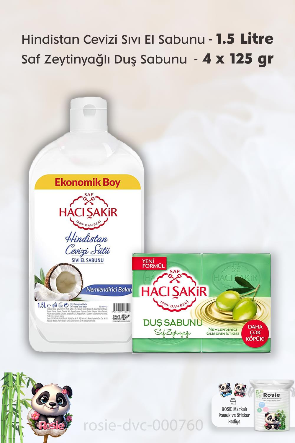 Hacı Şakir Hindistan Cevizi Sıvı El Sabunu 1500 ml,  Saf Zeytinyağlı 4 x 125 ml Sabun ve ROSIE