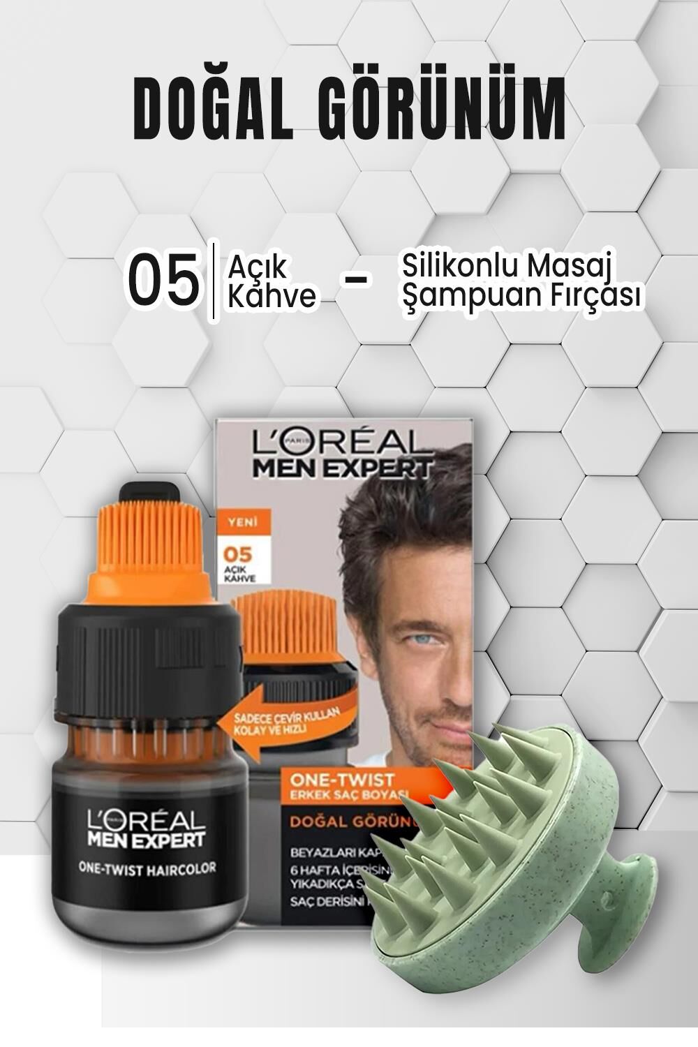 Loreal Paris Men Expert One Erkek Saç Boyası 05 Açık Kahve ve Şampuan Fırçası Yeşil