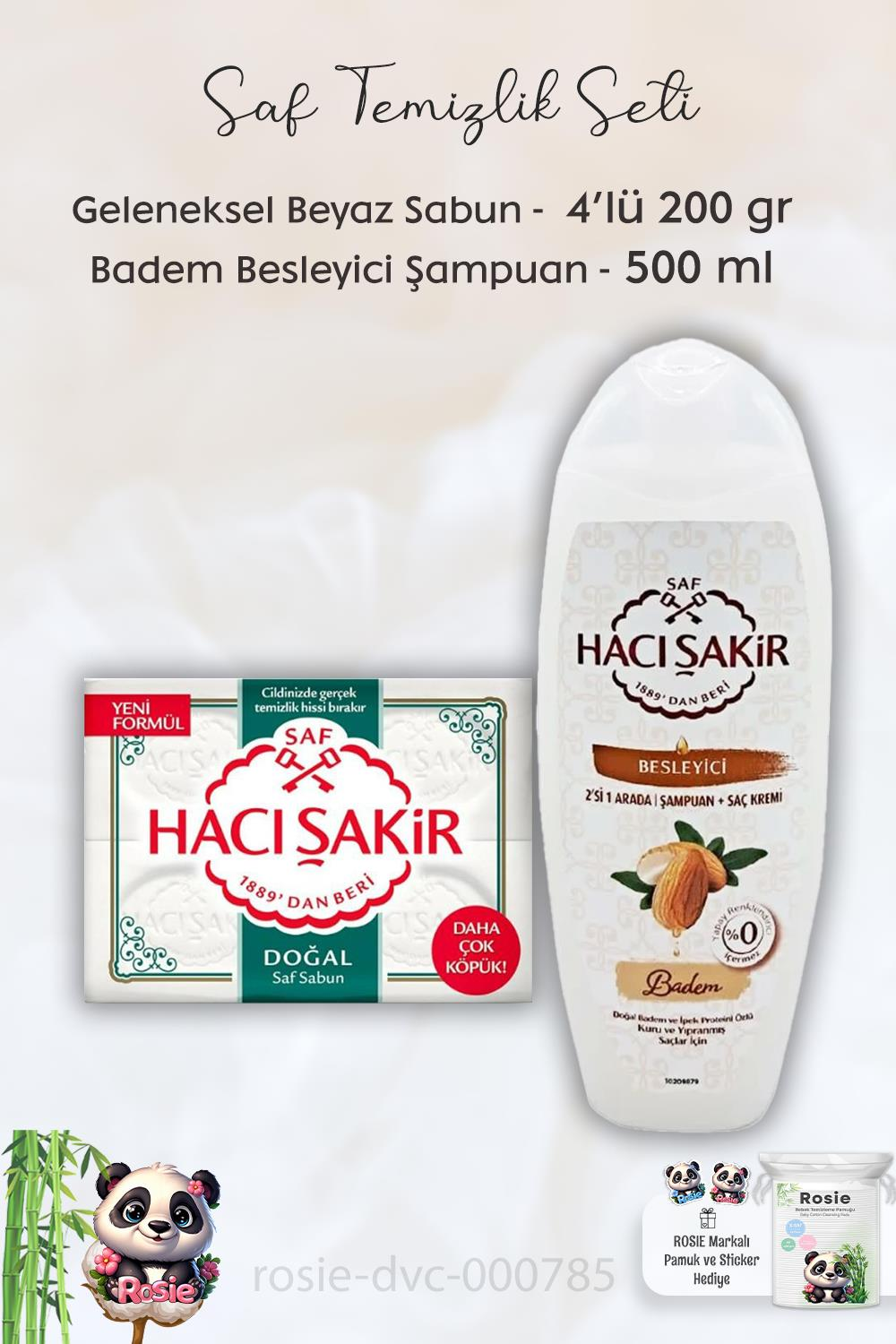 Hacı Şakir Doğal Saf Geleneksel Beyaz Sabun 4 x 200 gr,  Bademli Şampuan 500 ml ve ROSIE