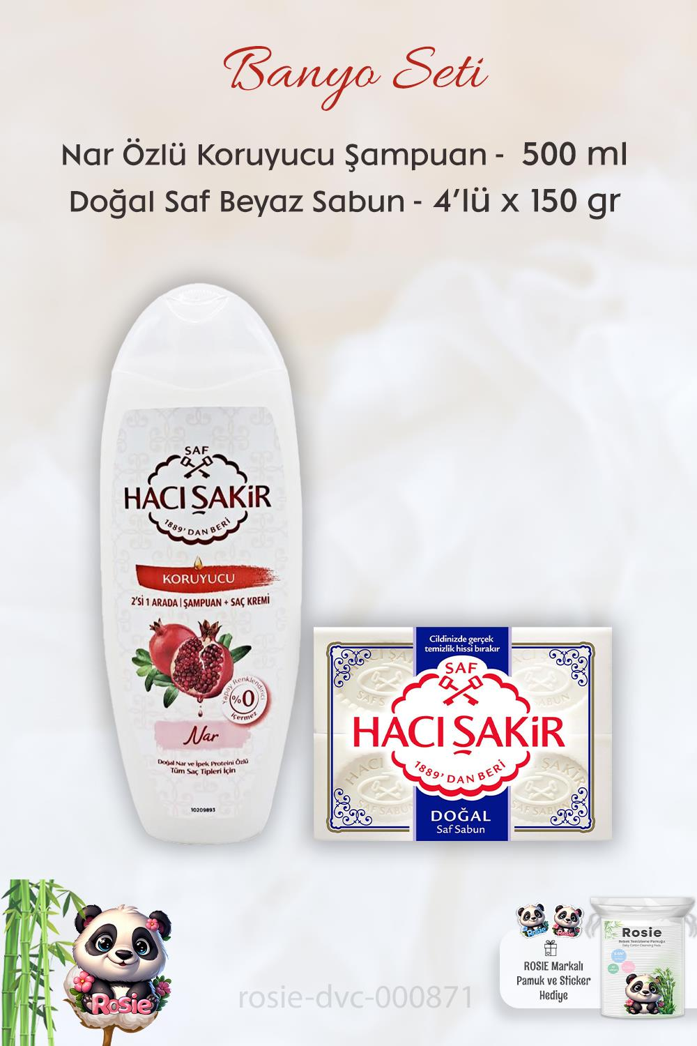 Hacı Şakir Nar 2si 1 Arada Şampuan 500 ml,Saf Doğal Sabun 4 x 150 gr ve ROSIE
