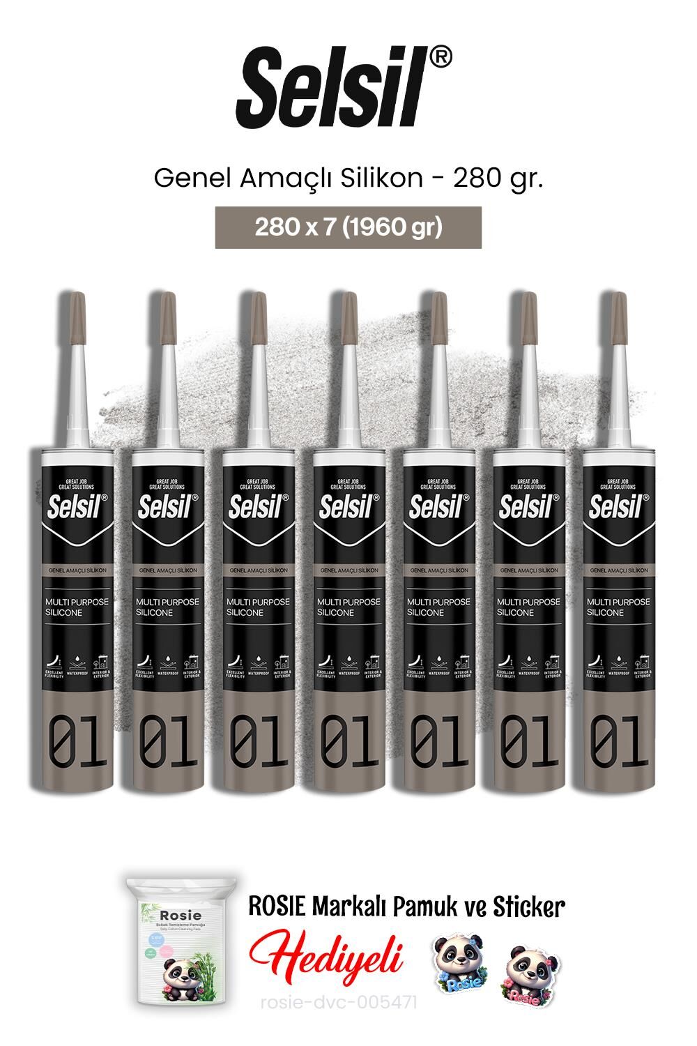 Selsil Genel Amaçlı Silikon 7 AL 6 ÖDE 280 gr ve rosie pamuk