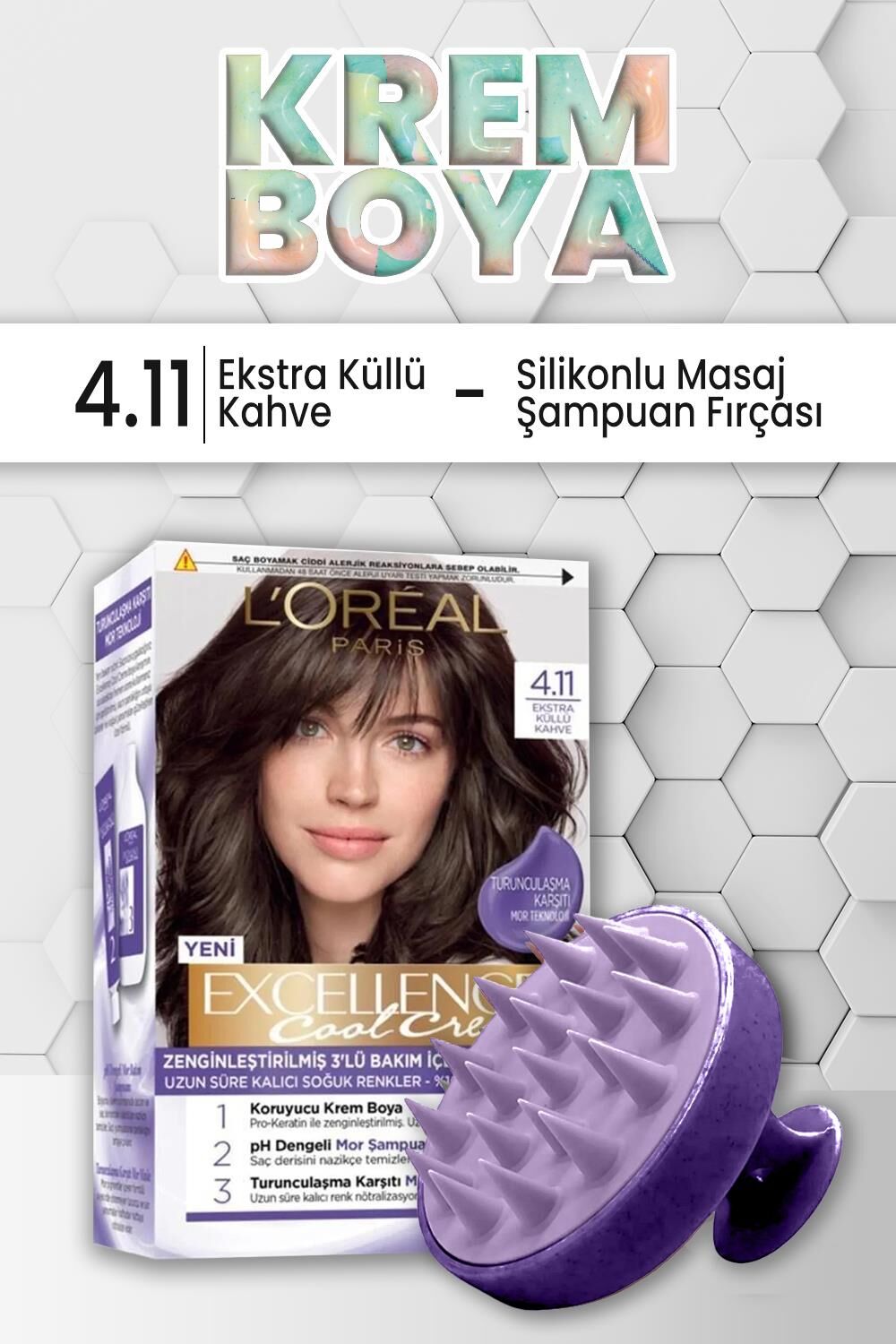 Loreal Paris Excellence Cool Saç Boyası 4.11 Ekstra Küllü Kahve ve Şampuan Fırçası Mor