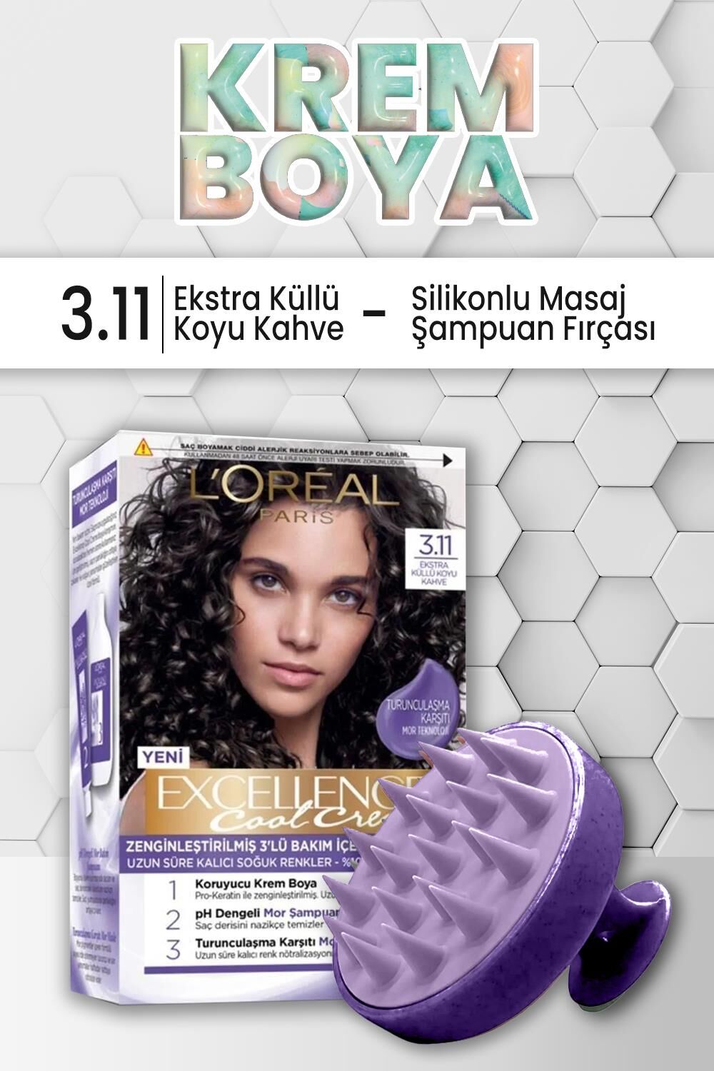 Loreal Paris Excellence Cool Saç Boyası 3.11 Ekstra Küllü Koyu Kahve ve Şampuan Fırçası Mor