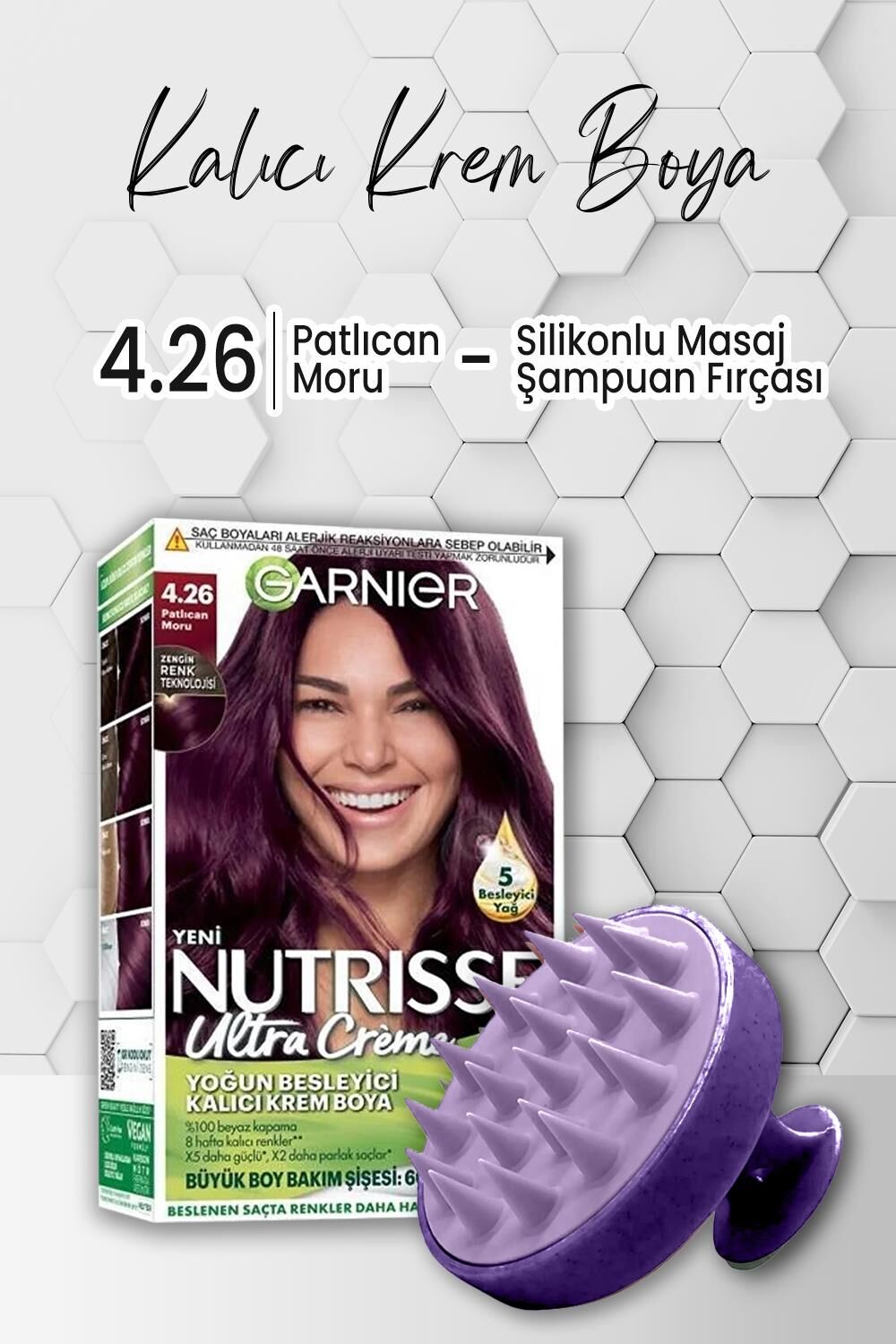 Garnier Nutrisse Yoğun Besleyici Krem Saç Boyası 4.26 Patlıcan Moru ve Şampuan Fırçası Mor
