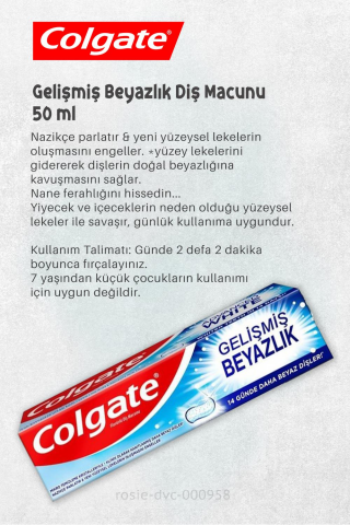 Colgate Diş Macunu Gelişmiş Beyazlık 50 ml, H. Şakir Saf Doğal Sabun 4 x 150 gr ve ROSIE
