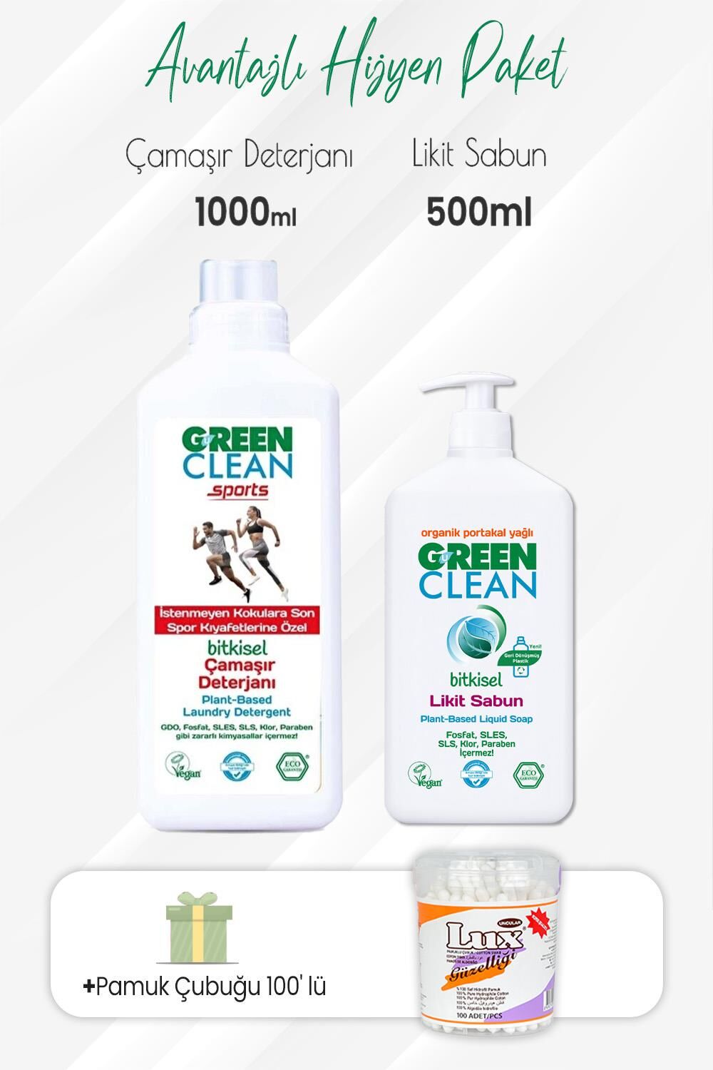 Green Clean Sports Çamaşır Deterjanı,Likit Sabun 500 ml ve Pamuk Çubuğu