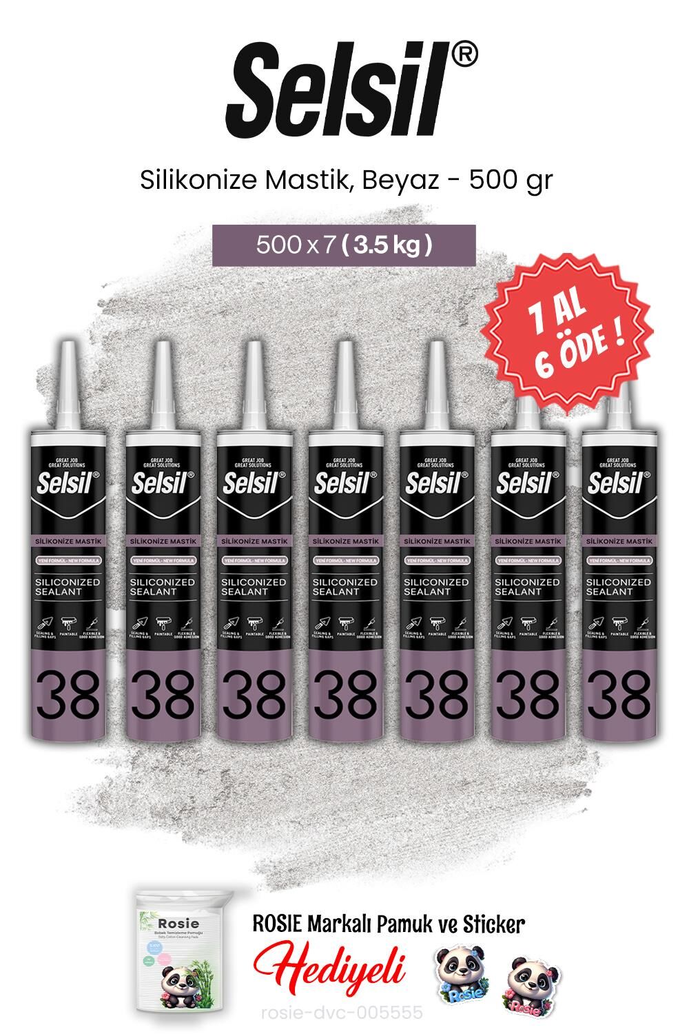 Selsil Silikonize Mastik, 500 gr, Beyaz 7 AL 6 ÖDE ve rosie pamuk