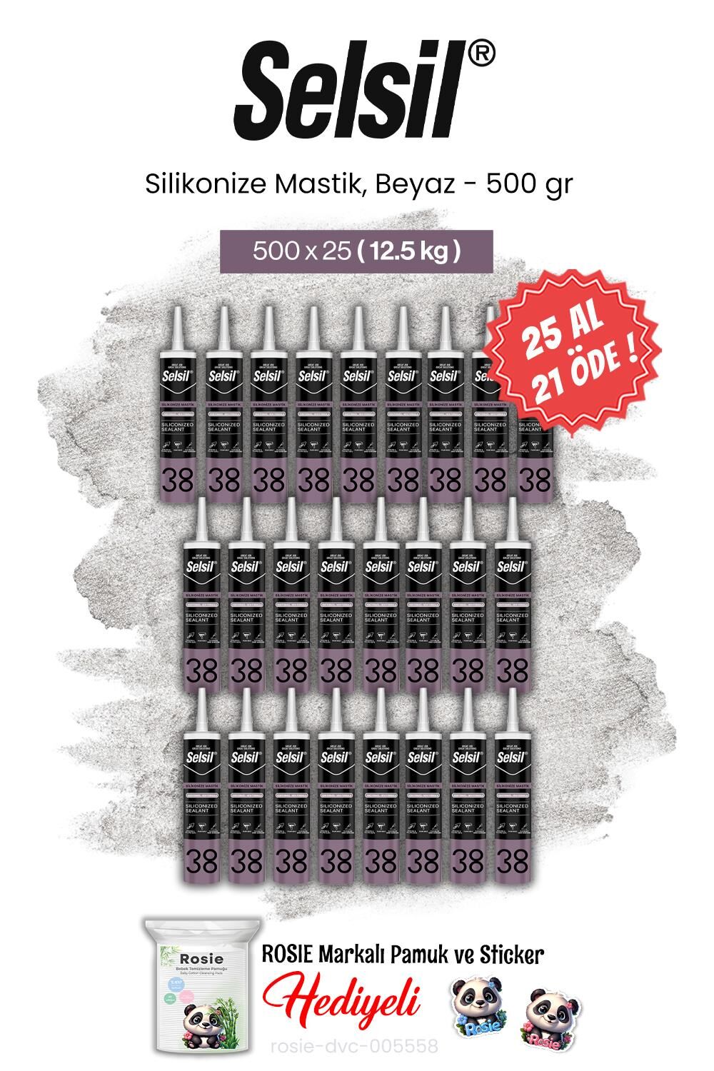 Selsil 500 gr, 25 AL 21 ÖDE Silikonize Mastik, Beyaz ve rosie pamuk