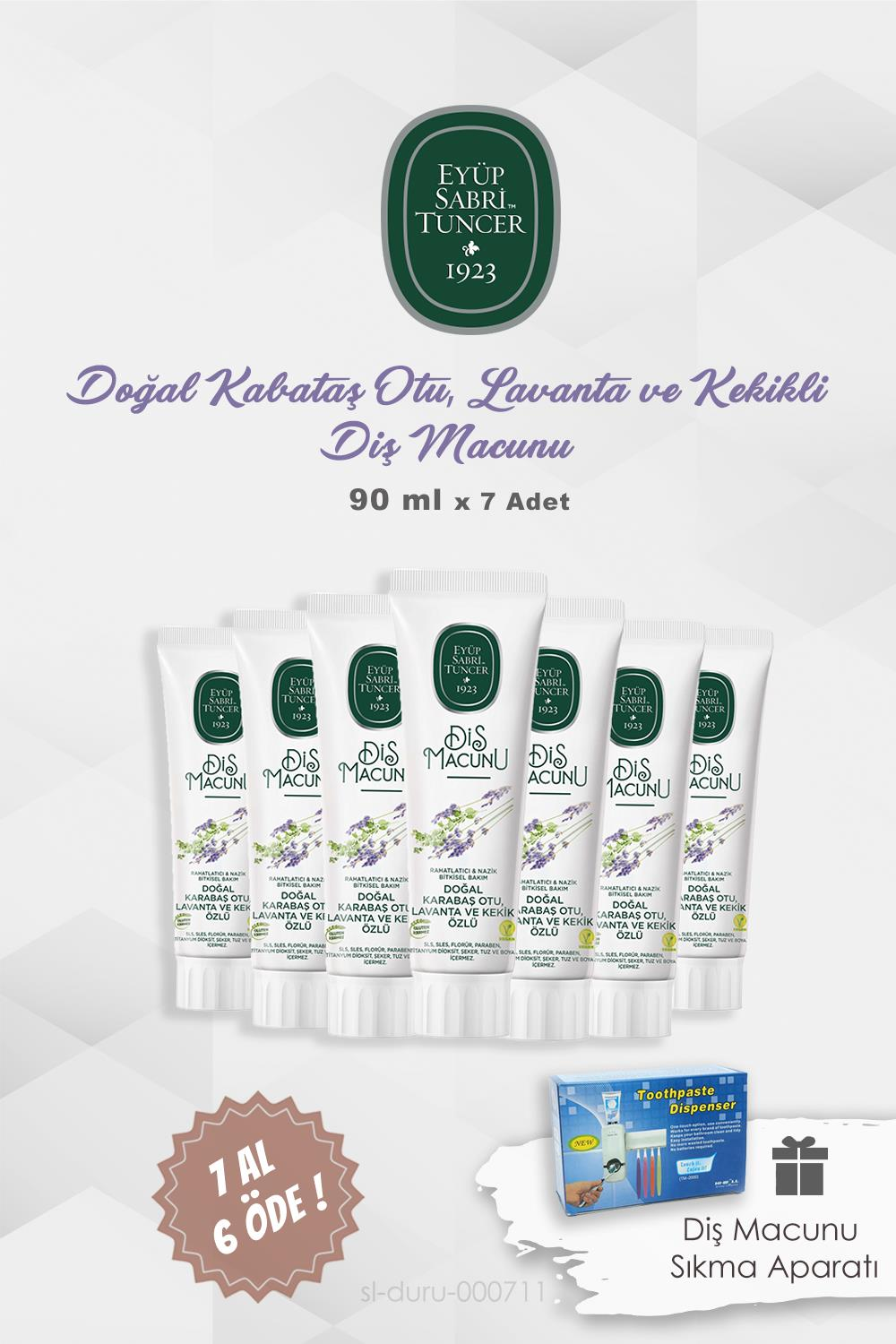 Eyüp Sabri Tuncer Diş Macunu Karabaş Otu ve Kekik Özlü 90 ml 7 AL 6 ÖDE ve Diş Macunu Aparatı