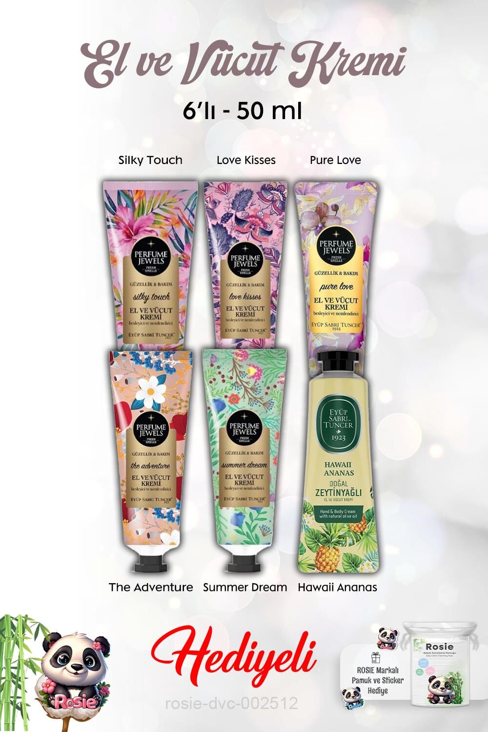 6'lı El Kremi The Adventure, Summer Dream, Pure Love, Silky Touch, Love Kisses, Hawaii Ananas 50 ml ve Rosie