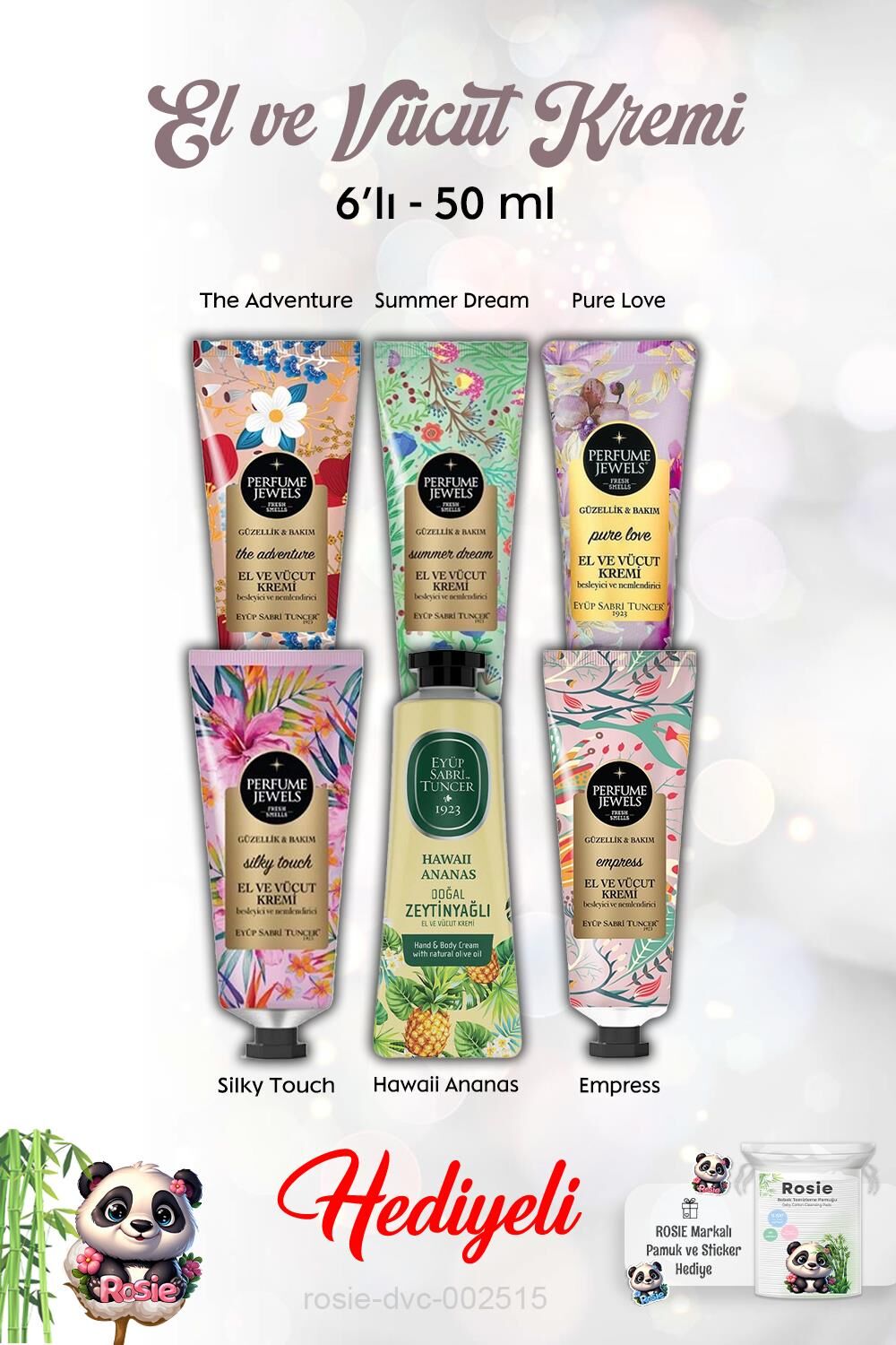 Hawaii Ananas, Silky Touch, Pure Love, Summer Dream, The Adventure, Empress 50 ml El Kremi 6'lı ve Rosie