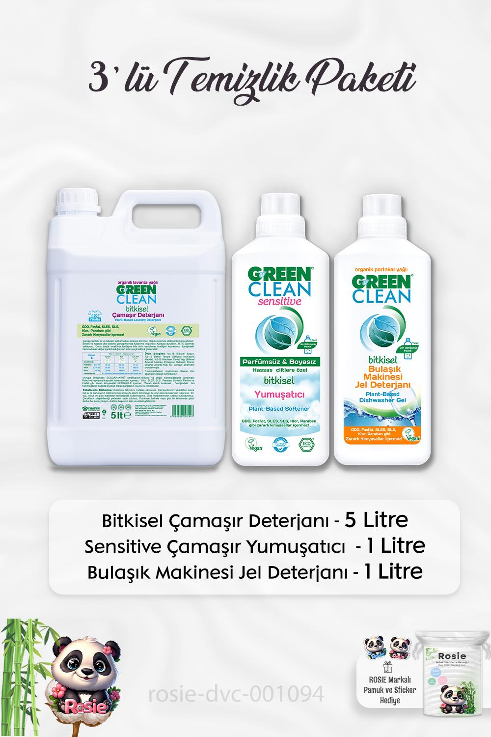 Green Clean Çamaşır Deterjanı 5 lt, Sensitive Yumuşatıcı 1 lt, B.Makinesi Deterjanı 1 lt ve ROSIE