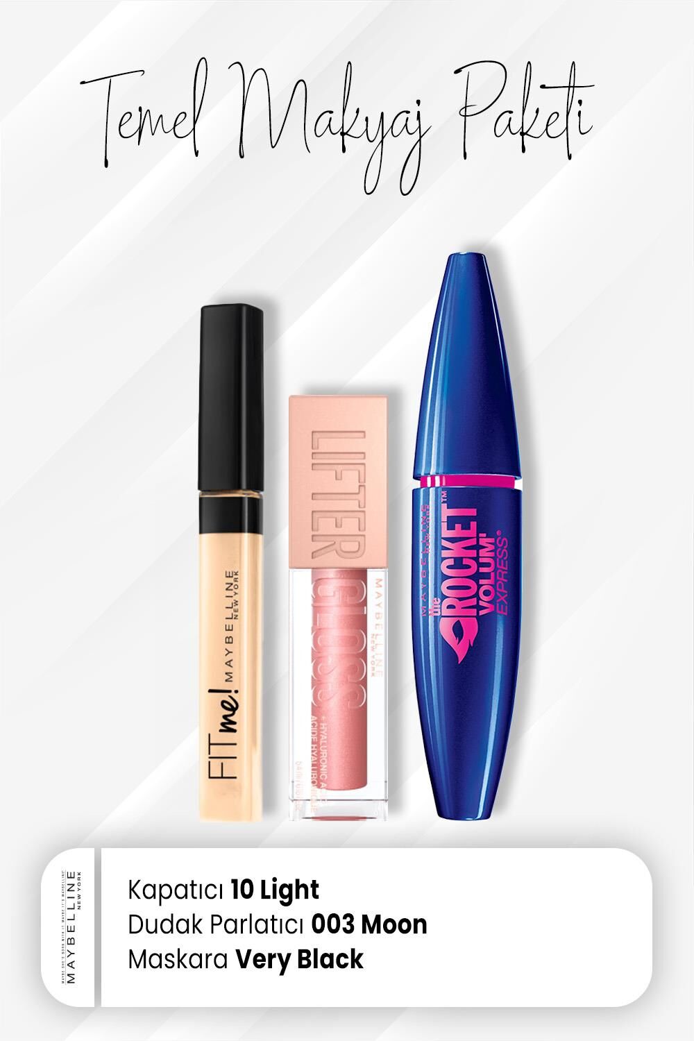 Maybelline New York Fit Me Kapatıcı 10, Rocket Maskara Very Black ve Dudak Parlatıcı 003 Moon