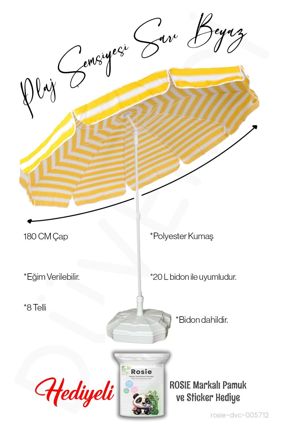Plaj Şemsiyesi Sarı Beyaz Renk BİDONLU 180 CM Çap 8 Telli Eğim Verilir ve rosie hediye