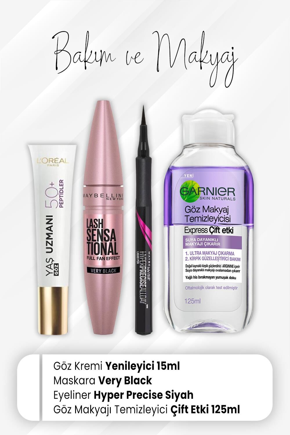 Loreal Paris Yaş Uzmanı Göz Kremi 50+ 15 ml, Full Fan Very Black, Eyeliner Hyper Precise Siyah ve Express Çift Etki 125 ml