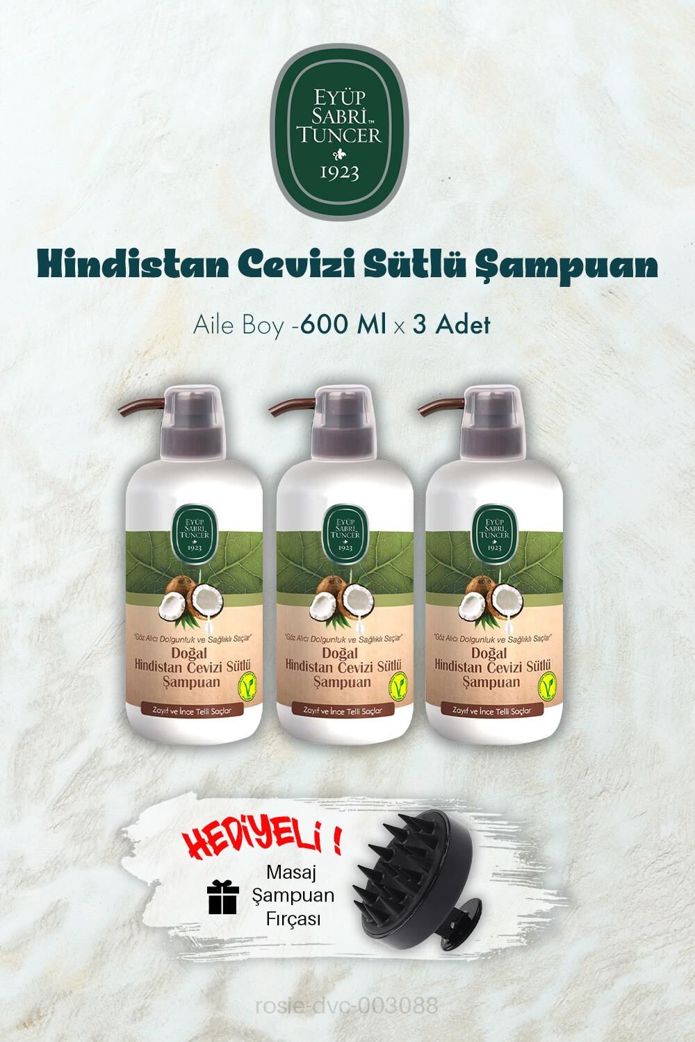 3 Adet Hindistan Cevizi Sütlü Şampuan 600 ML ve Şampuan Fırçası Hediyeli