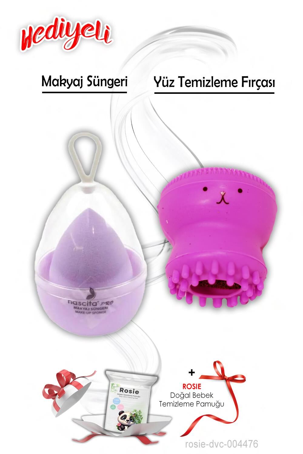 Makyaj Süngeri Lila ve Ahtapot Yüz Temizleme Fırçası Açık Pembe ROSIE Hediyeli