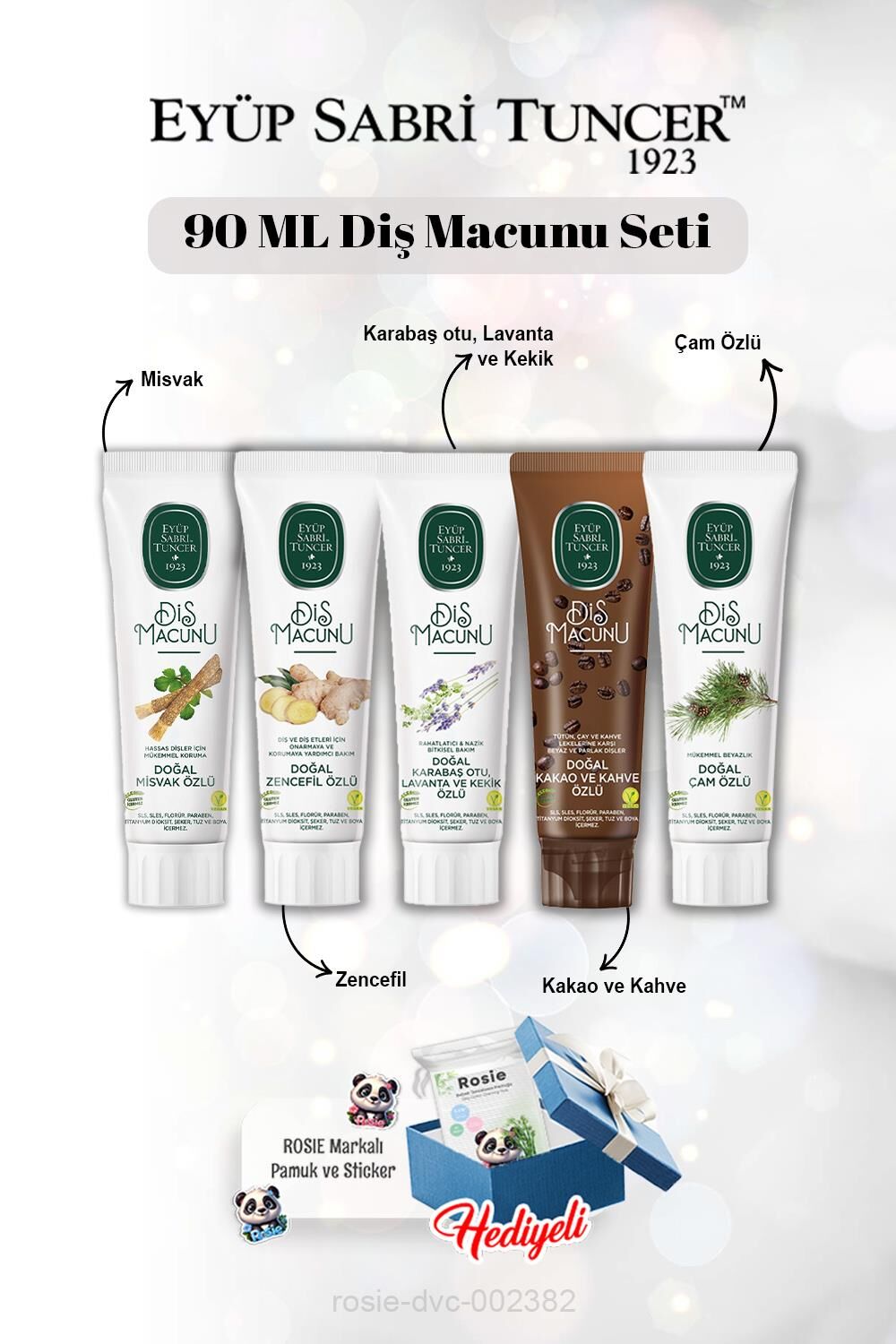 Misvak, Zencefil, Lavanta, Kakao, Çam Özlü 90 ml Diş Macun Seti ve Rosie