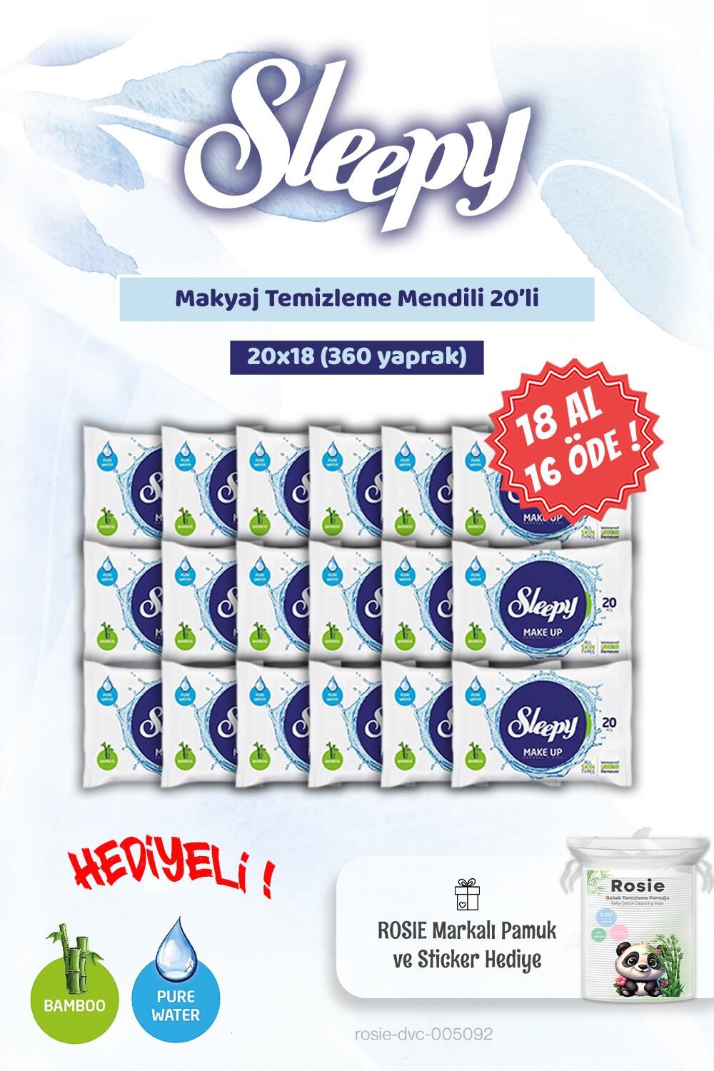 Sleepy 18 AL 16 ÖDE Makyaj Temizleme Mendili 20'li ve Rosie Bebek pamuğu