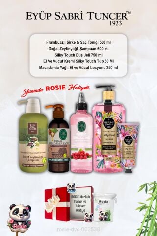 Frambuazlı Tonik, Zeytinyağlı Şampuan, Silky Touch duş jeli ve kremi, Macadamia Losyon ve Rosie