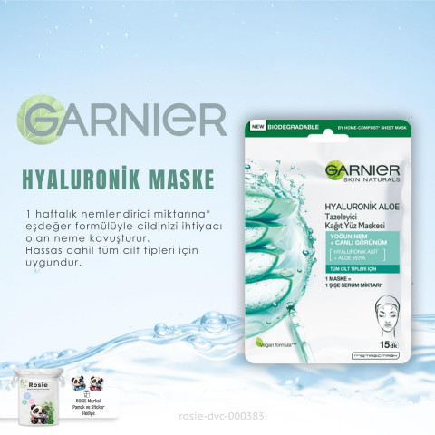 2 Adet Garnier Kağıt Yüz Maskesi Tazeleyici Hyaluronik Aloe 28 gr ve ROSIE