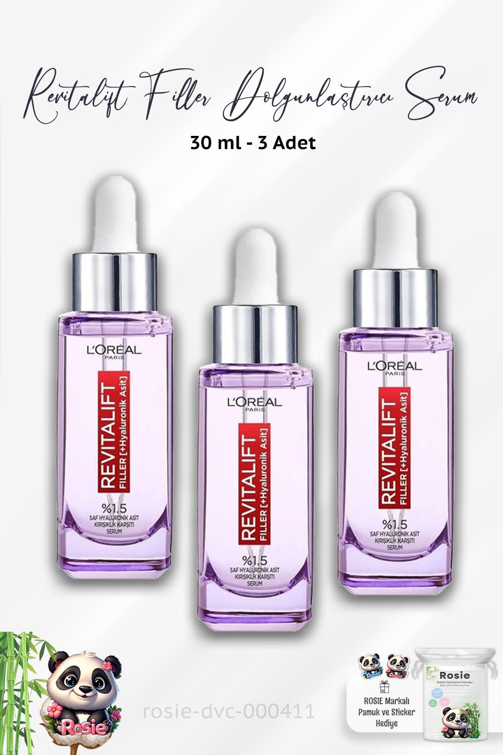 3 Adet Loreal Paris Revitalift Filler Dolgunlaştırıcı Serum 30 ml ve ROSIE