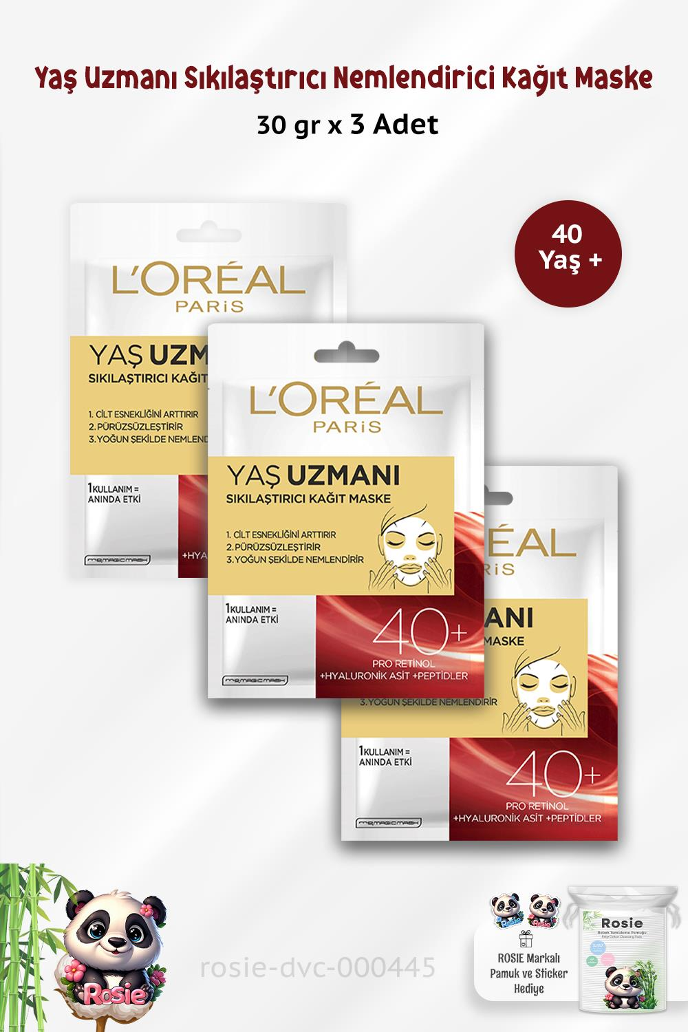 3 Adet Loreal Paris Yaş Uzmanı Sıkılaştırıcı Nemlendirici Kağıt Maske 30 gr ve ROSIE