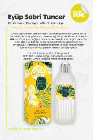 Eyüp Sabri Tuncer Klasik Limon Kolonyası 80 Derece Silindir Cam Şişe 400 ml