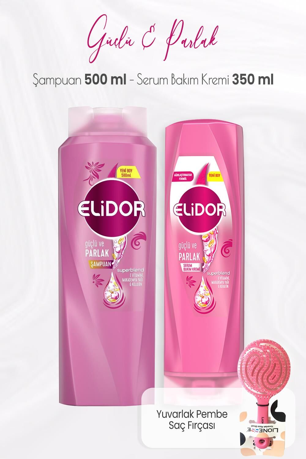 Elidor Superblend Güçlü ve Parlak Şampuan 500 ml, Serum Bakım Kremi 350 ml ve Saç Fırçası Pembe