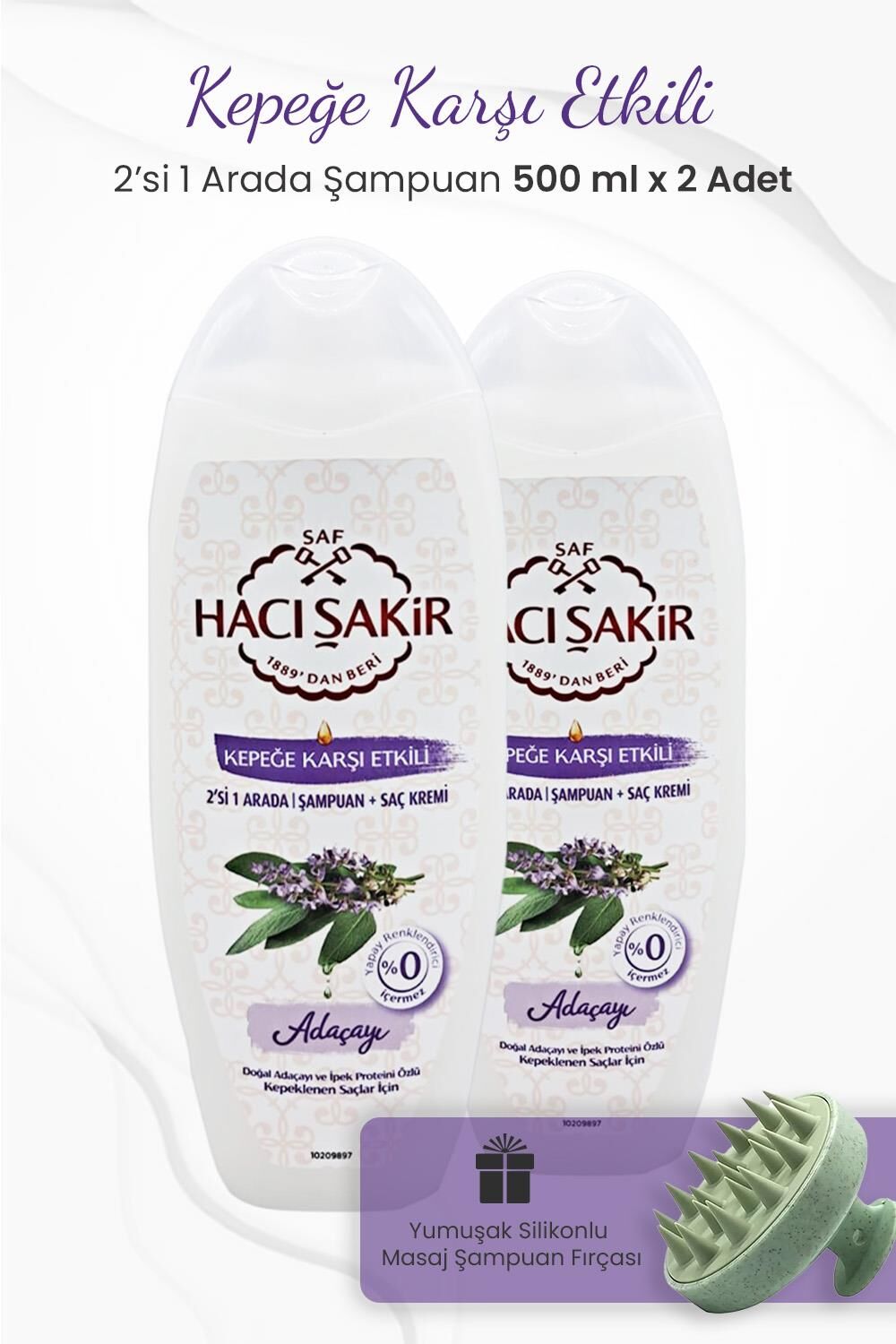 Hacı Şakir Adaçayı 2si 1 Arada Şampuan 500 ml x 2 Adet ve Şampuan Fırçası Yeşil