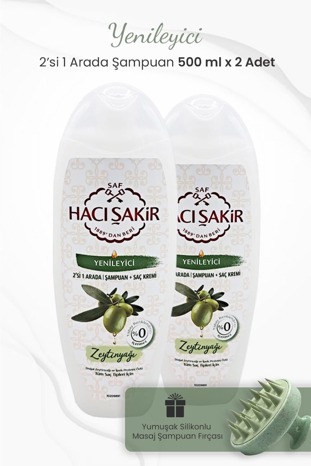 Hacı Şakir Zeytinyağlı 2si 1 Arada Şampuan 500 ml x 2 Adet ve Şampuan Fırçası Yeşil