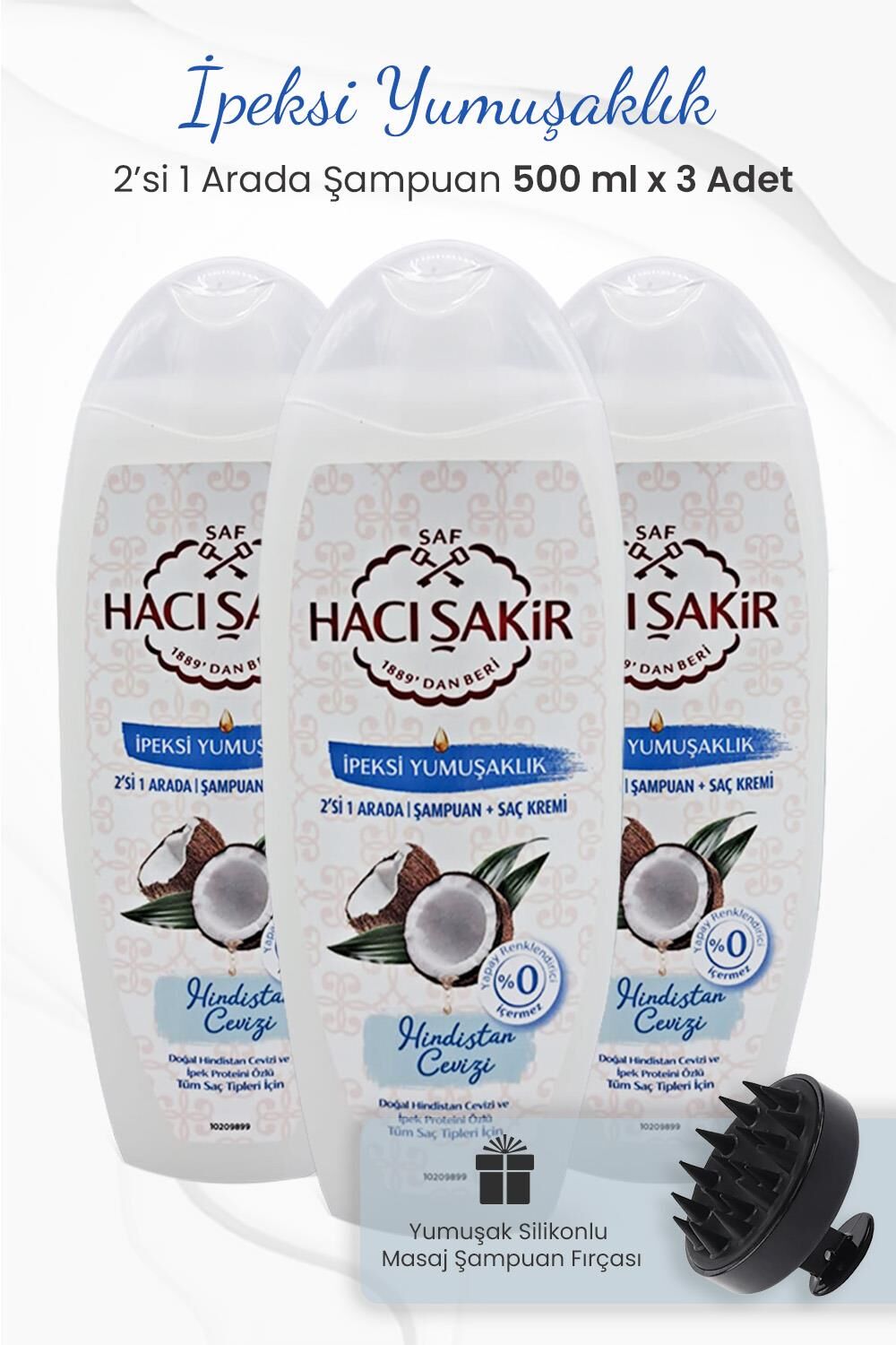 Hacı Şakir Hindistan Cevizi 2si 1 Arada Şampuan 500 ml x 3 Adet ve Şampuan Fırçası Siyah