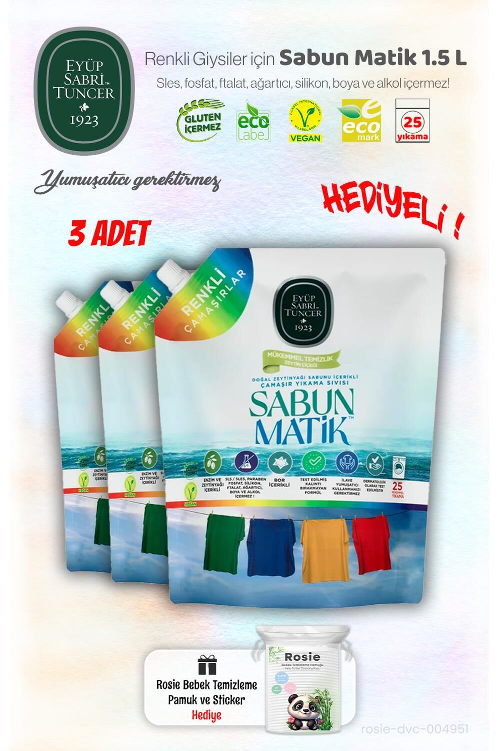3'lü Renkliler Sıvı Sabun Matik 1.5 L ve ROSIE Hediye