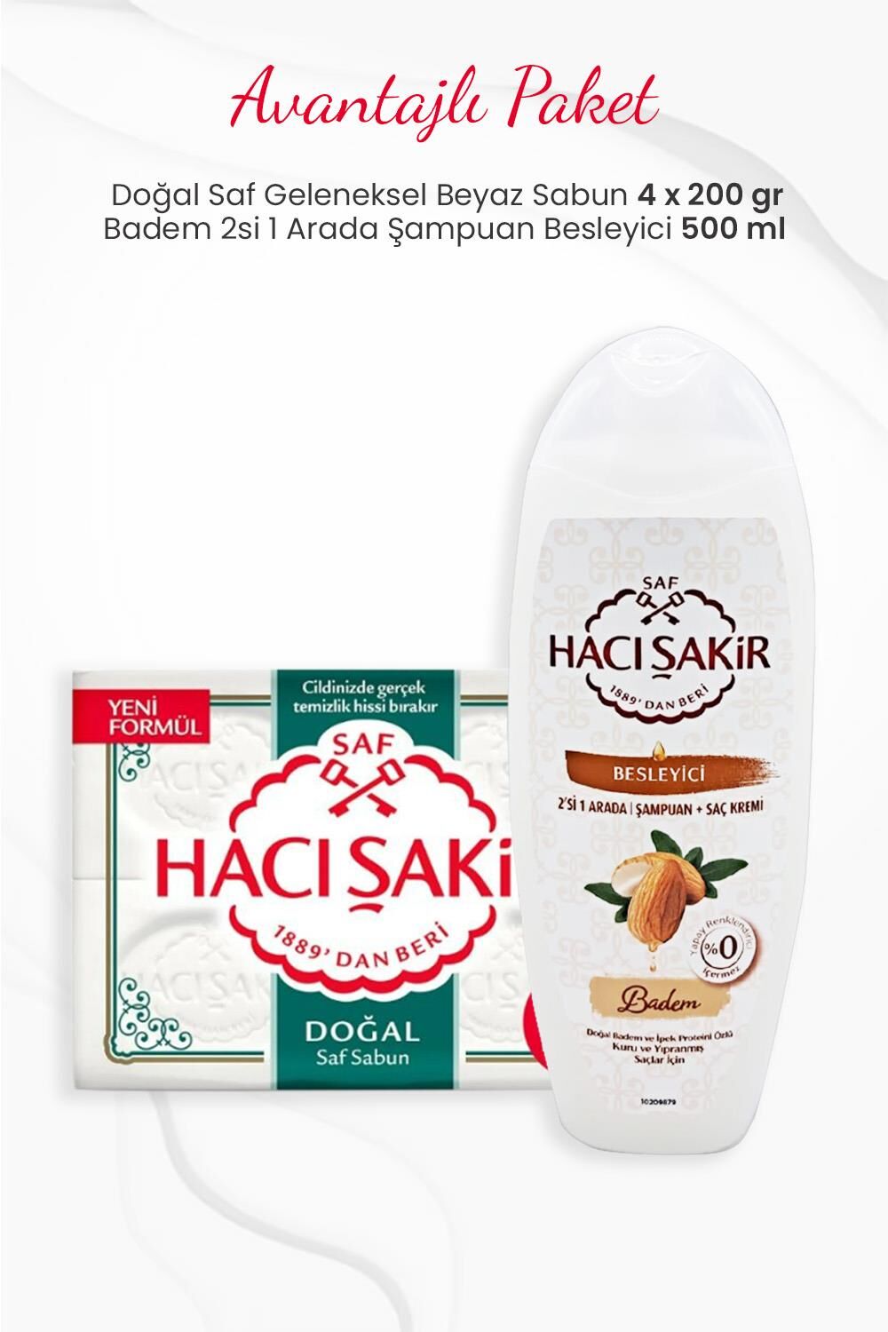 Hacı Şakir 4'lü Doğal Saf Beyaz Sabun ve Badem 2si 1 Arada Şampuan Besleyici 500 ml