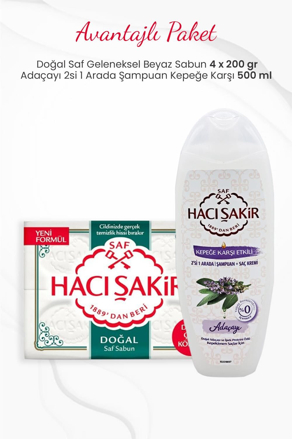 Hacı Şakir 4'lü Doğal Saf Beyaz Sabun ve Adaçayı 2si 1 Arada Şampuan Kepeğe Karşı 500 ml