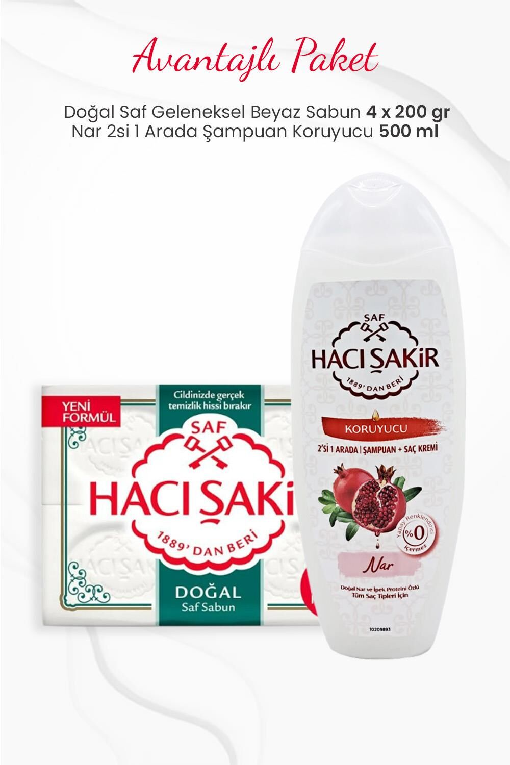 Hacı Şakir 4'lü Doğal Saf Beyaz Sabun ve Nar 2si 1 Arada Şampuan Koruyucu 500 ml