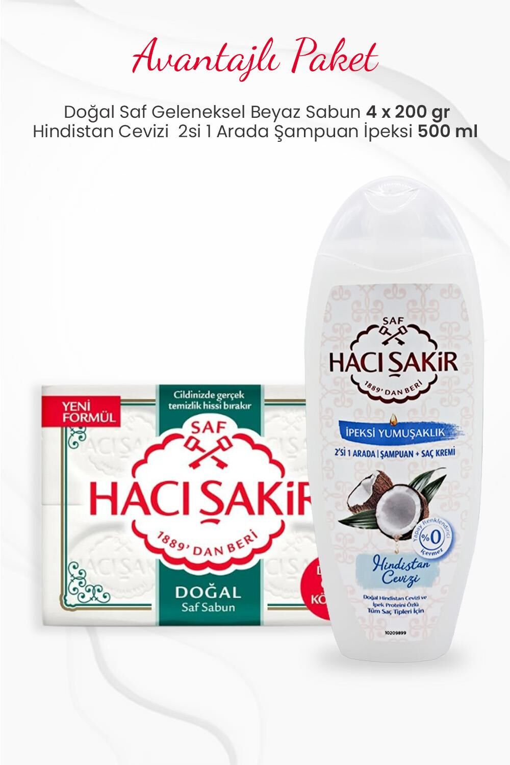 Hacı Şakir 4'lü Doğal Saf Beyaz Sabun ve Hindistan Cevizi 2si 1 Arada Şampuan 500 ml