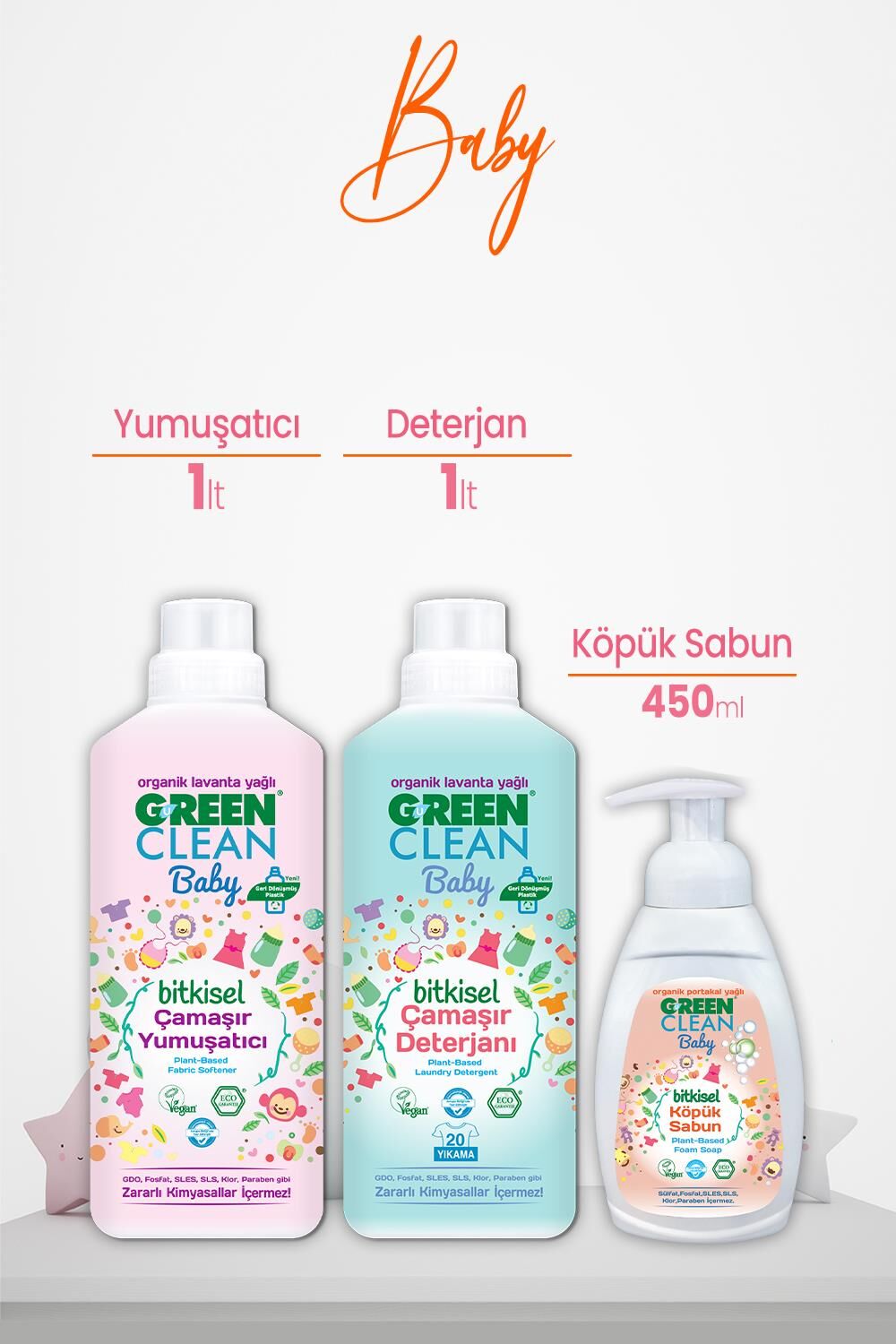 U Green Clean Baby Çamaşır Yumuşatıcı ve Deterjan 1 L ve Köpük Sabun Portakal Yağlı 450 ml