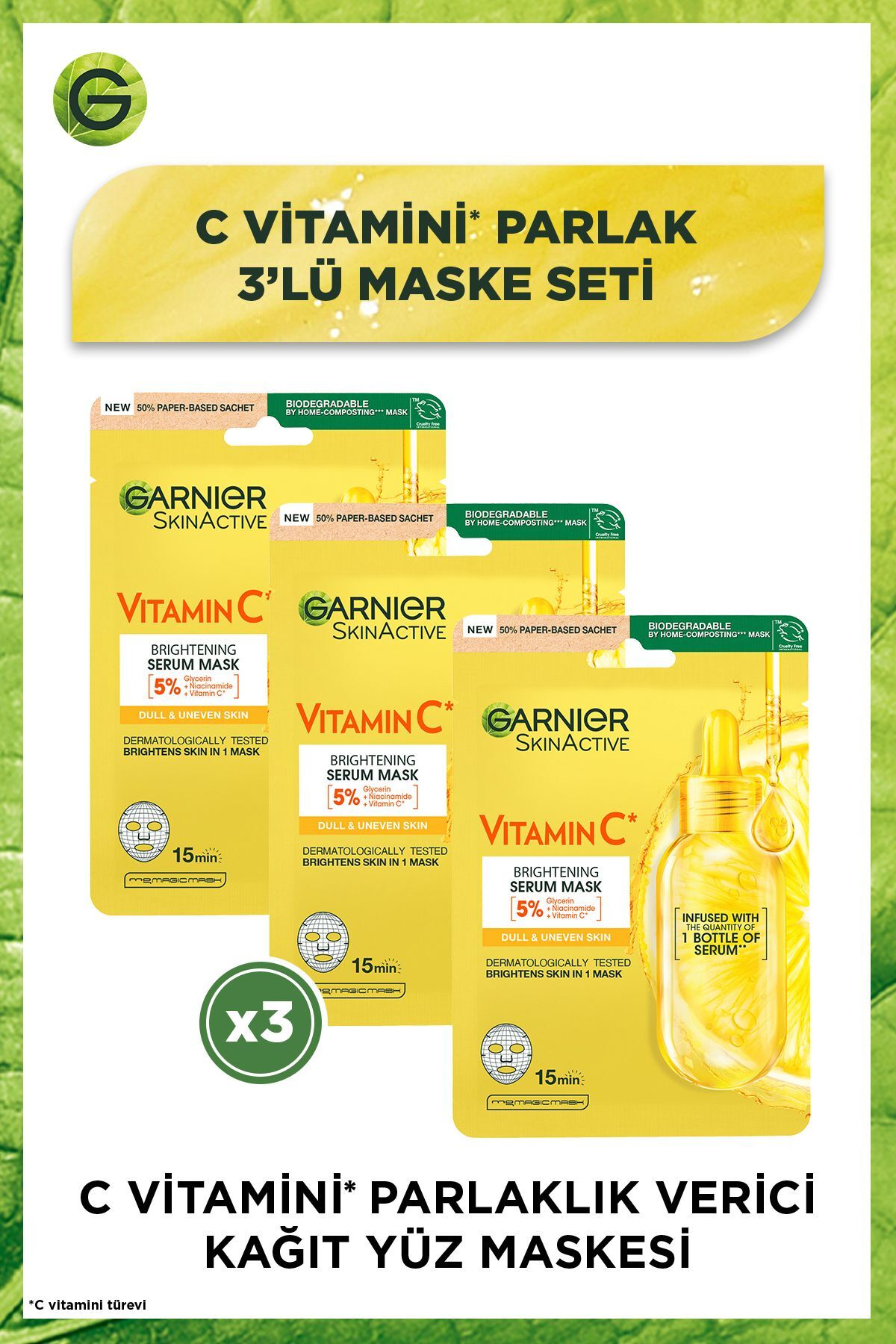 C Vitamini Parlaklık Verici Kağıt Yüz Maskesi 3'lü Set