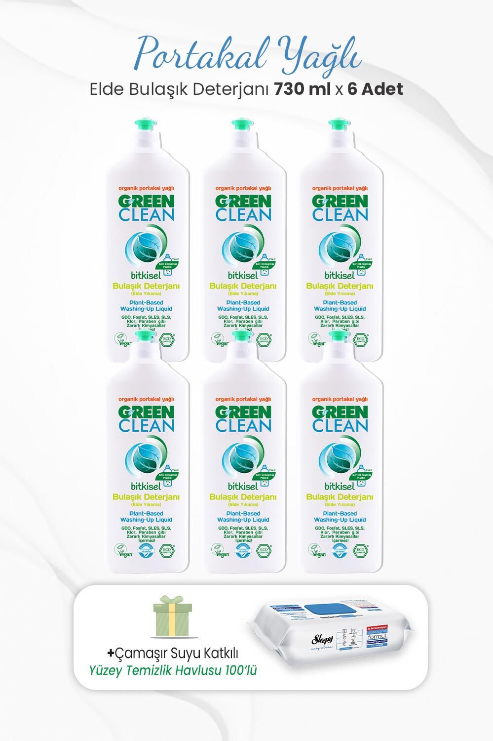 Green Clean 730 ml Bitkisel Elde Bulaşık Deterjanı x 6 Adet ve Çamaşır Sulu Temizlik Havlusu