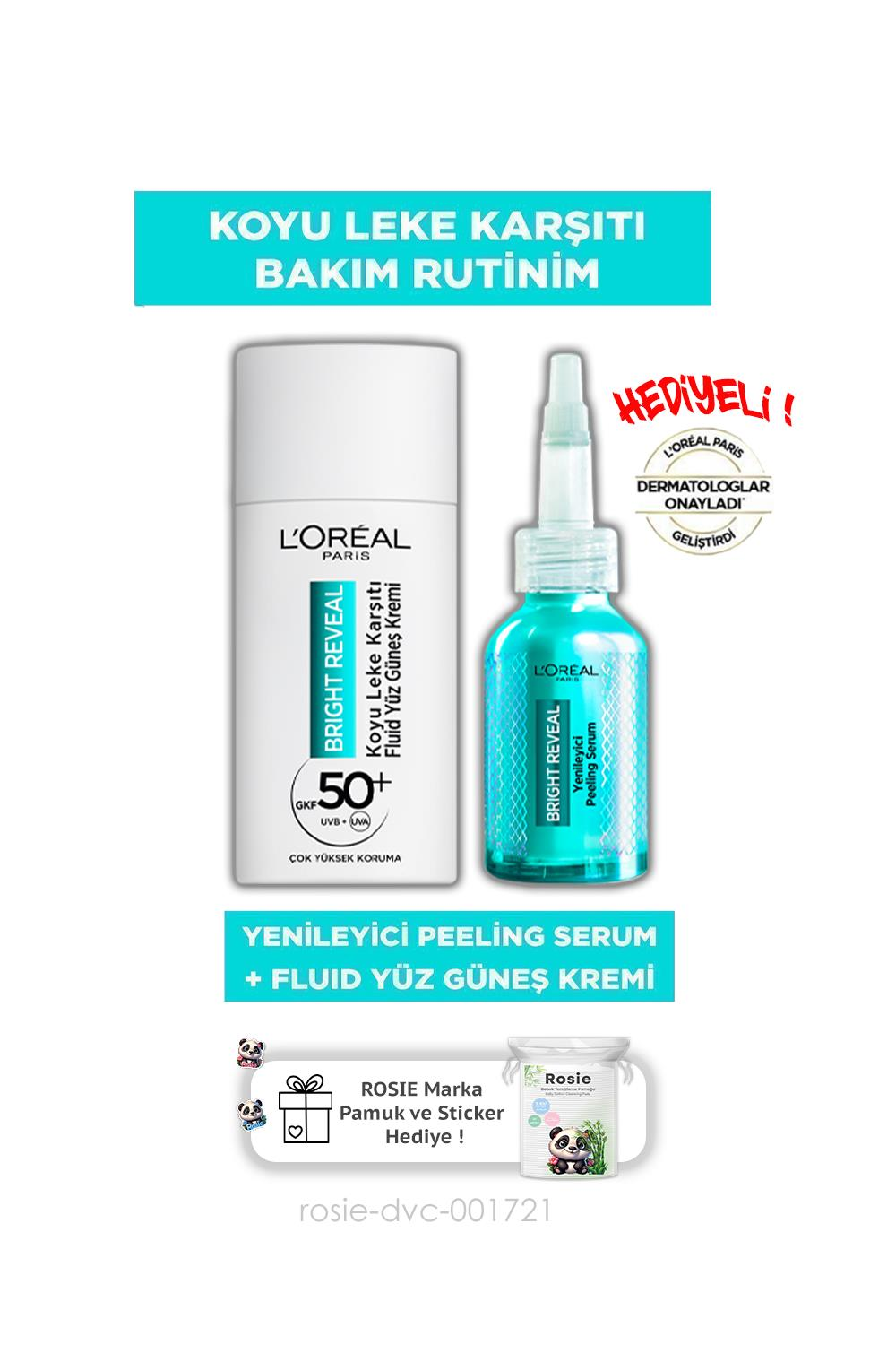 Loreal Paris Bright Reveal SPF 50+ Koyu Leke Karşıtı Yüz Güneş Kremi & Yenileyici Peeling Serum Seti ve ROSIE
