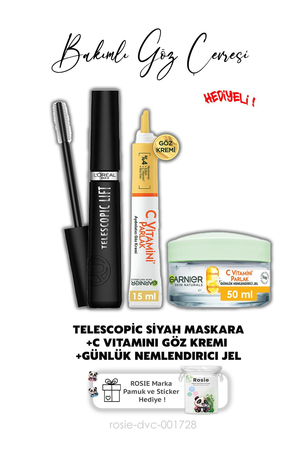 Loreal Paris Telescopic Maskara - Siyah, Günlük Nemlendirici Jel C Vitamini 50 ml, Göz Kremi 15 ml ve ROSIE