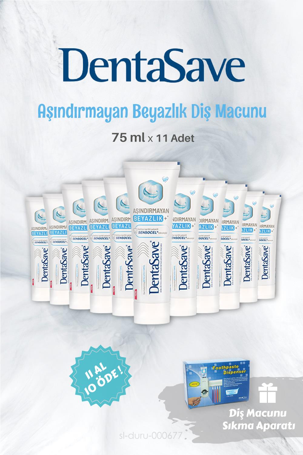 DentaSave Diş Macunu Aşındırmayan Beyazlık 11 AL 10 ÖDE 75 ml ve Diş Macunu Sıkma Aparatı