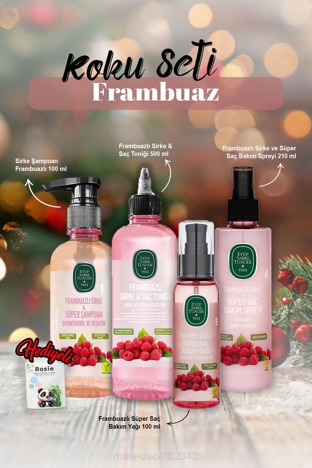 Şampuan ve Bakım Yağı 100 ml, Sprey 210 ml, Tonik 500 ml Frambuazlı ve Rosie Hediye